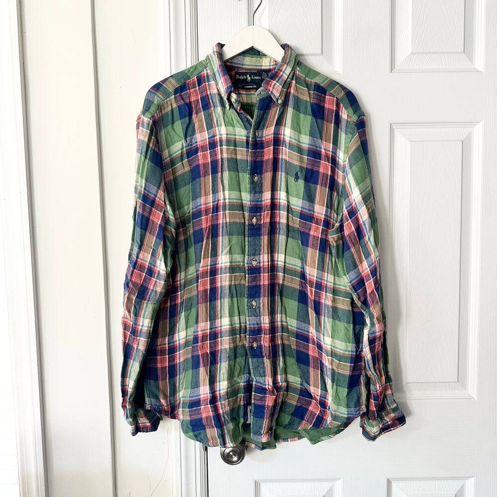 Ralph Lauren Green Plaid Flannel Mountain Equipment Classic Button Polo Large